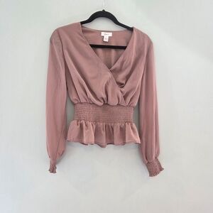 Japna Mauve Pink Long-Sleeve Surplice Smocked Waist Blouse